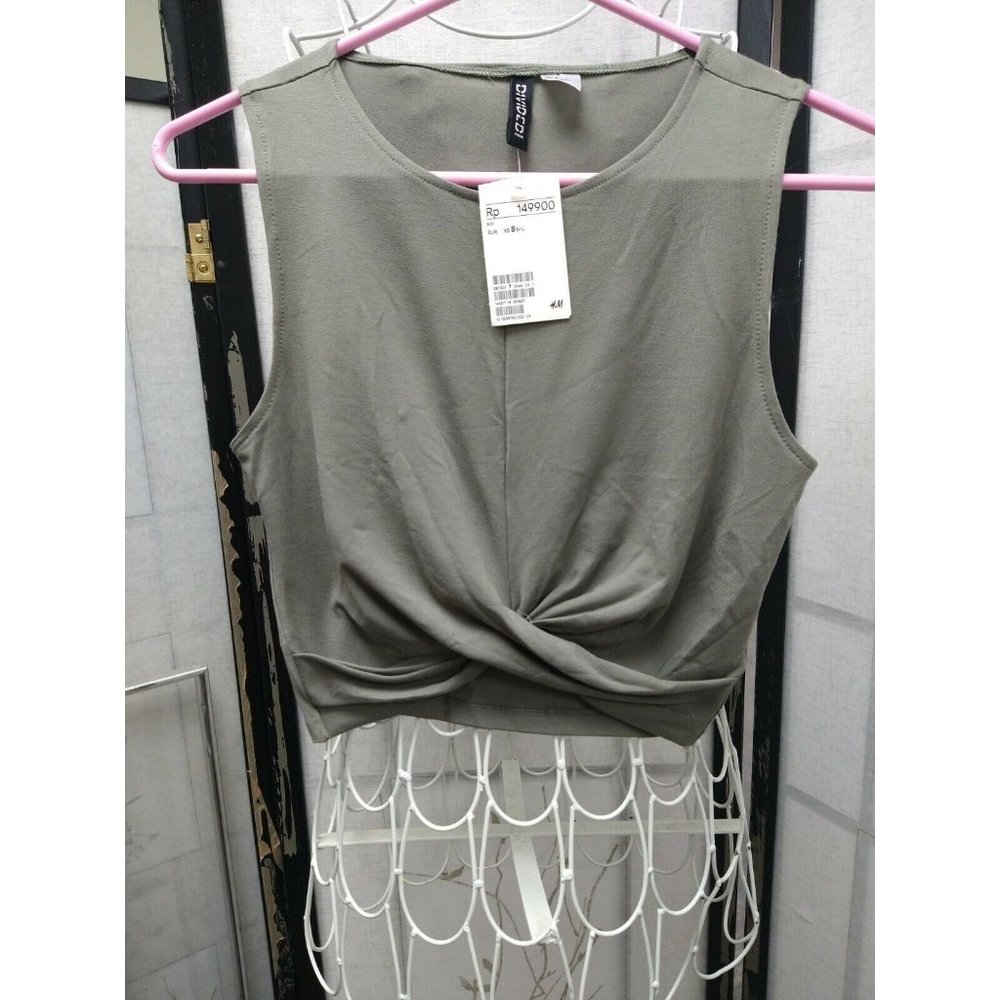 H&M Divided Women Military Green Sleeveless Twist Crop Tank Top Size Large New S